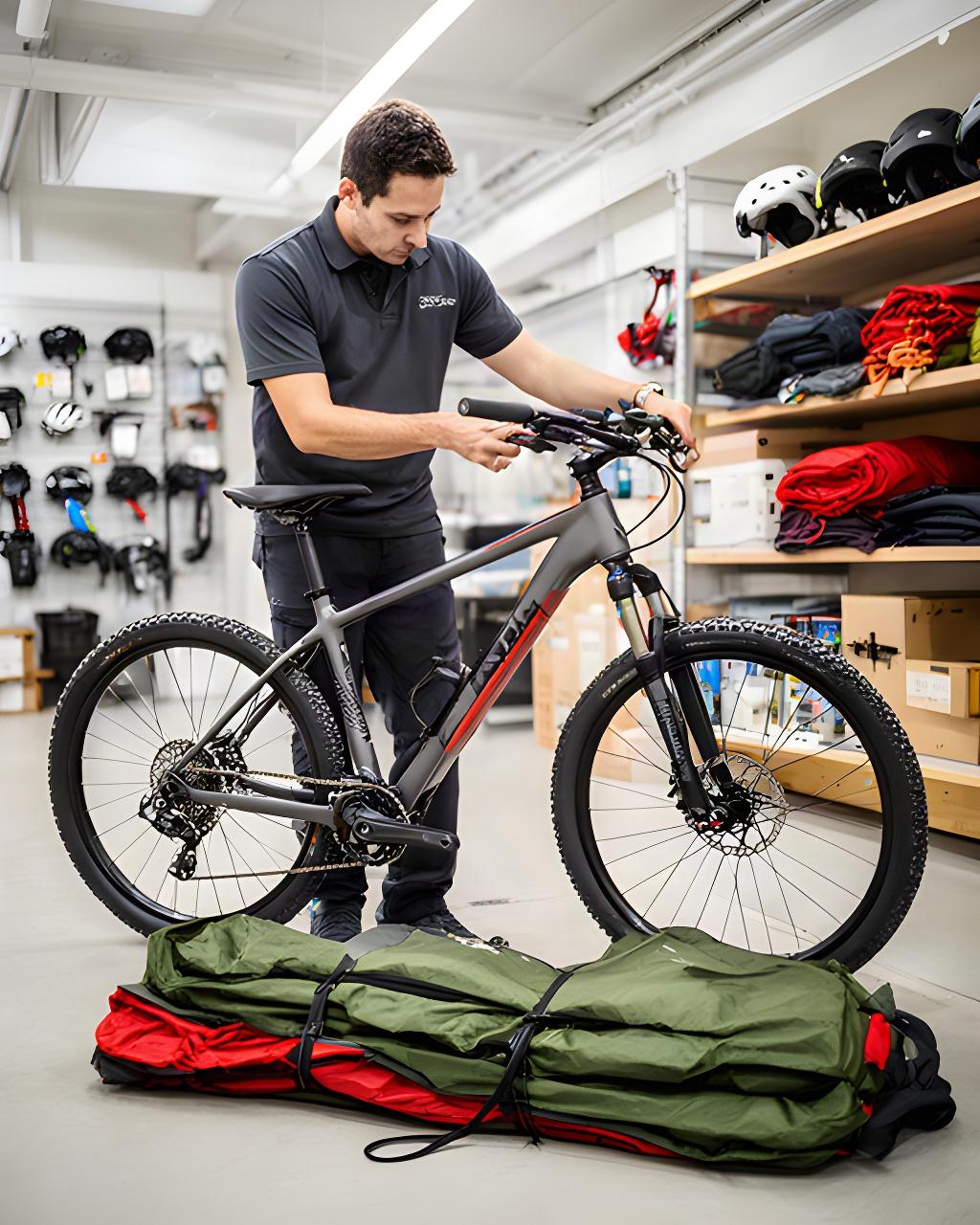 Persona comprobando una bicicleta de montaña y una tienda plegada en un almacén de alquiler