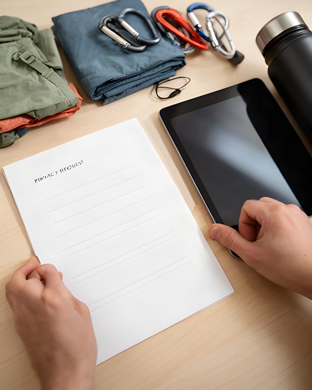 Persona revisando una solicitud de privacidad junto a una tablet y material de camping